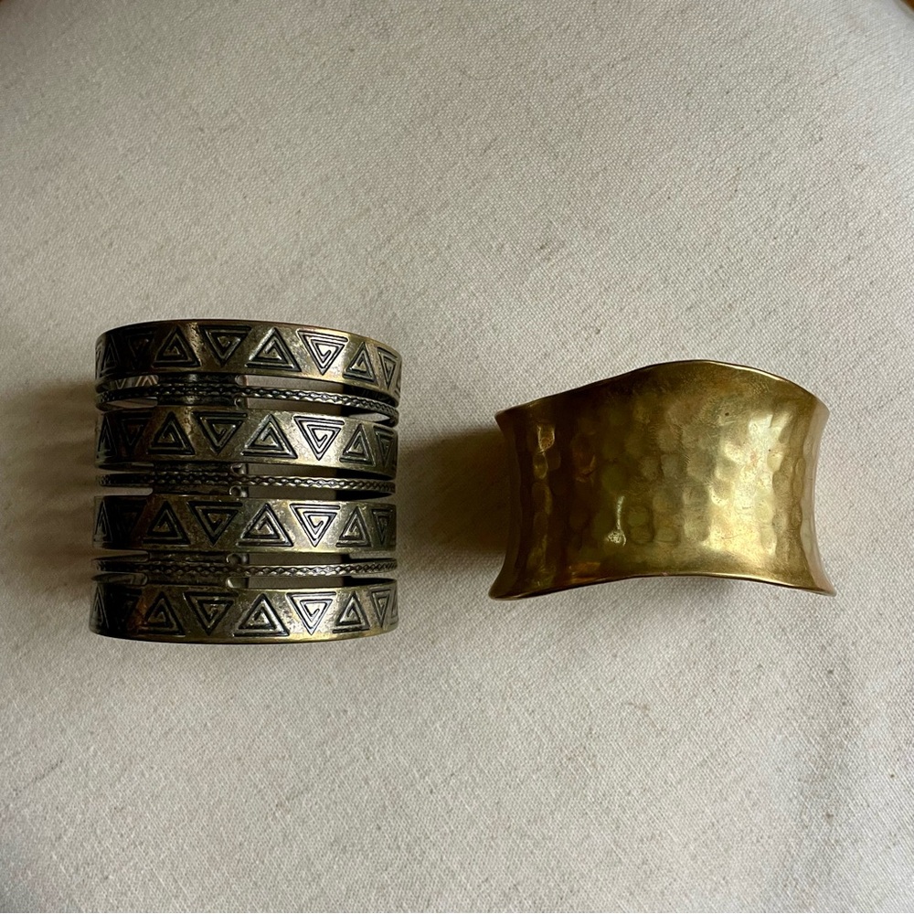 Two Gold Tone Cuff Bracelets Hammered and Etched
